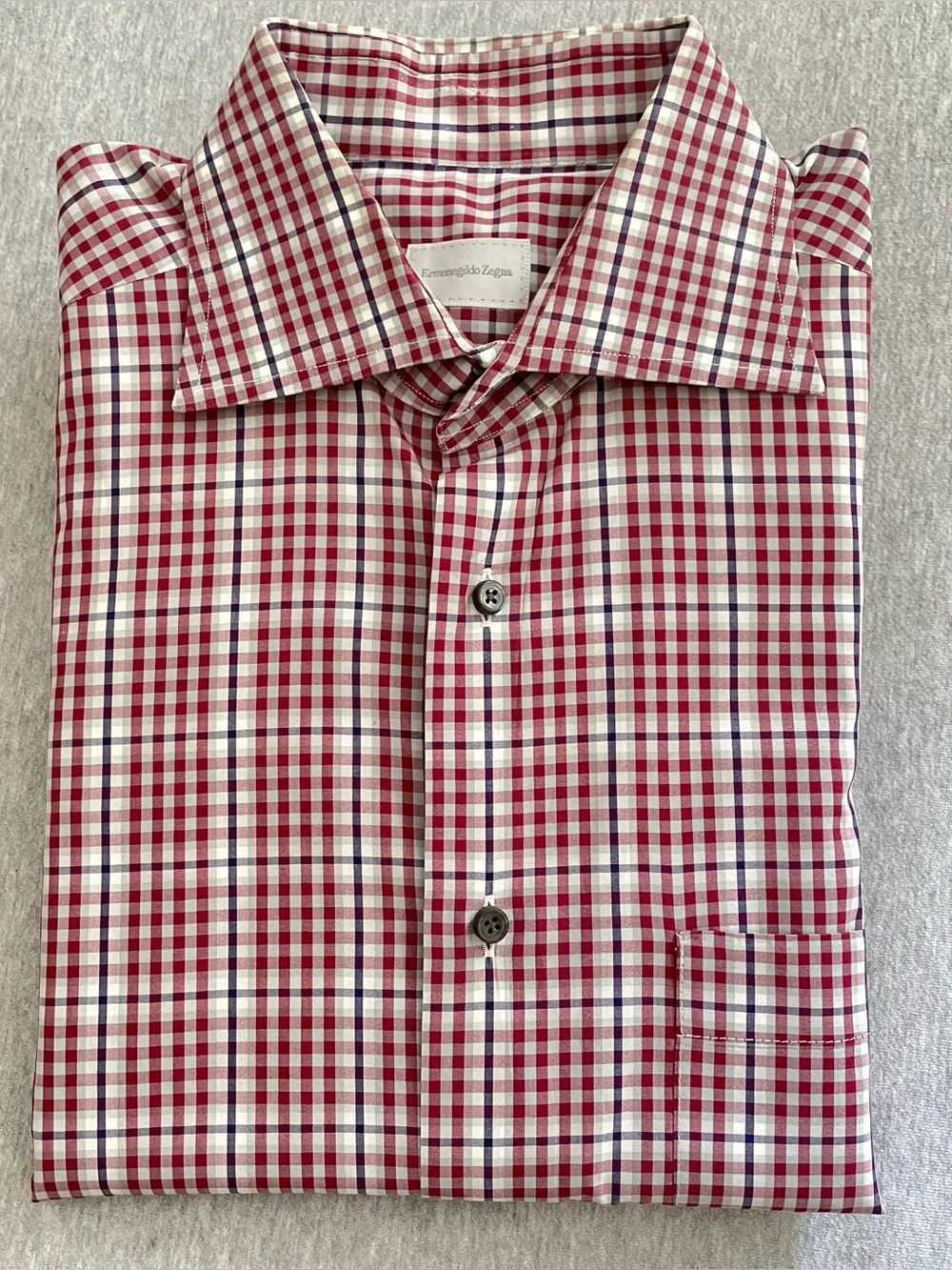 Ermenegildo Zegna Size Large Red Check Men's Button Down Dress Shirt Pocket READ